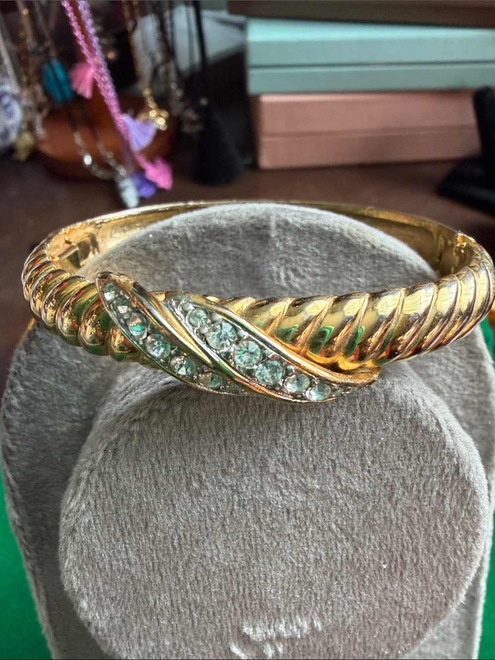 Vintage 1980’s Gold-Tone Twisted Cuff Bracelet with Clear Stones